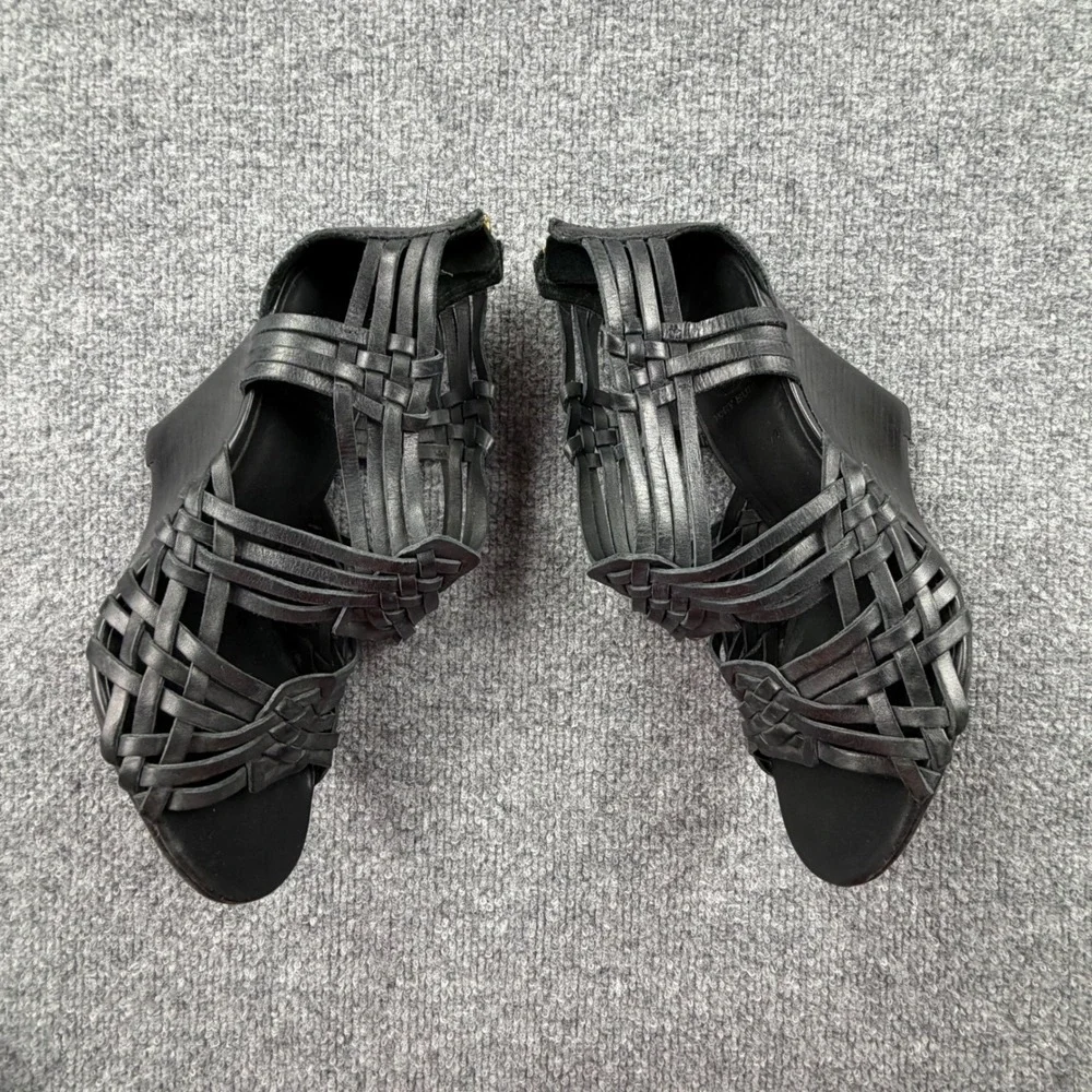 Tory Burch Black Leather Woven Cage Wedge Sandals Womens 9.5M Made in Brazil